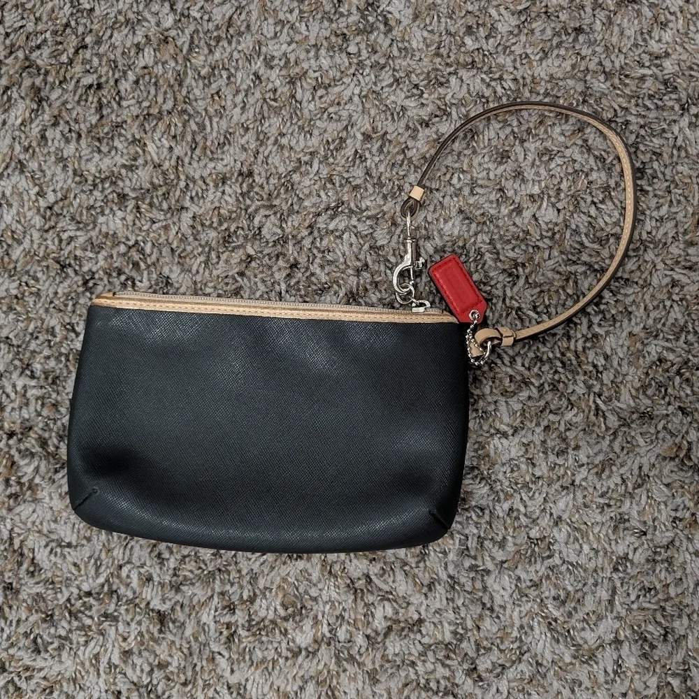 Coach Black and Tan Wristlet with Red Tag